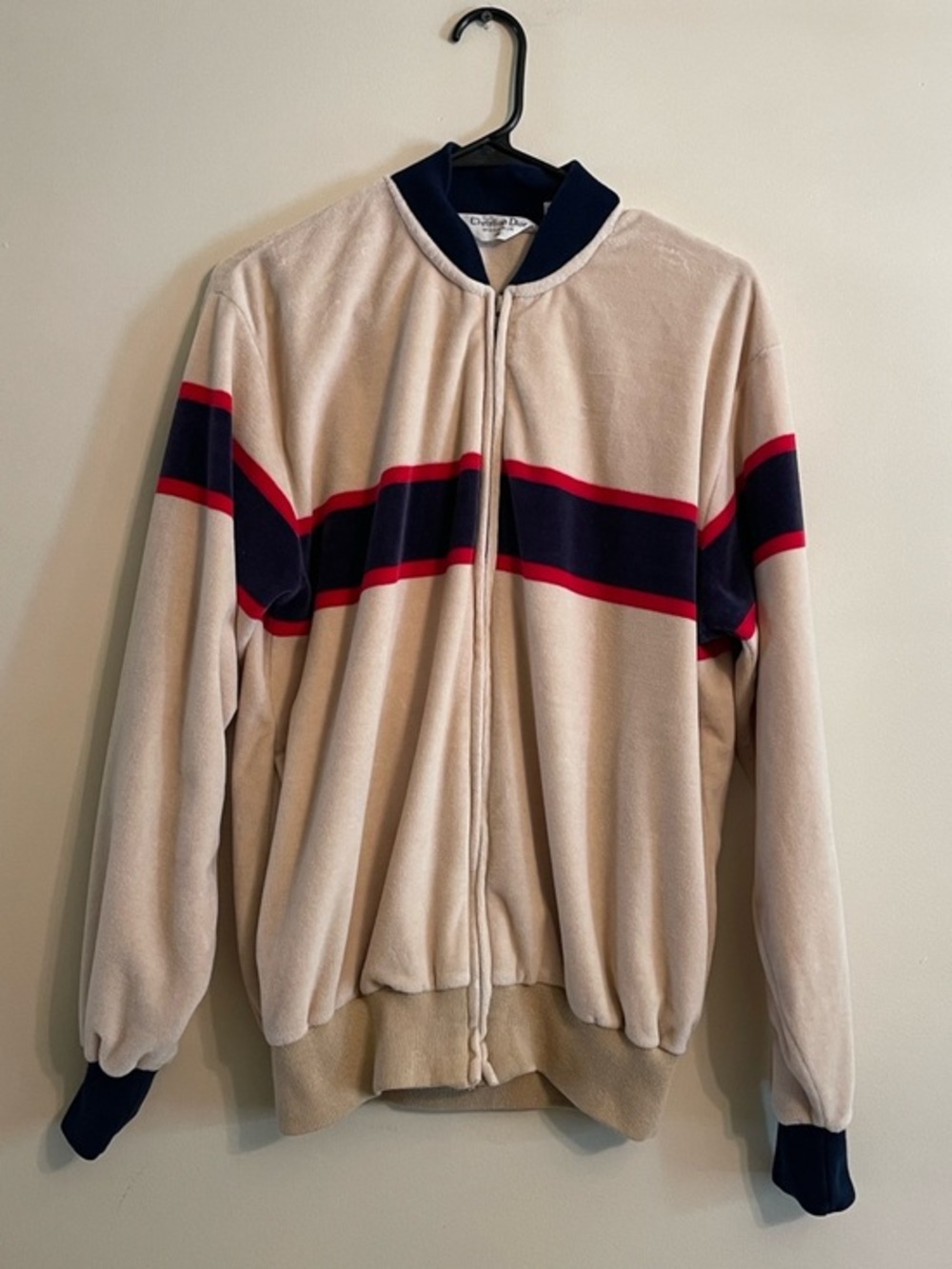 Dior Vintage Cream Zip-Up Track Jacket with Navy and Red Bands